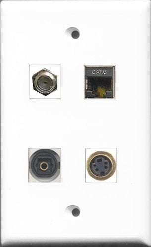 RiteAV 1 Port Coax Cable TV- F-Type and 1 Port S-Video and 1 Port Shielded Cat6 Ethernet and 1 Port Toslink Wall Plate