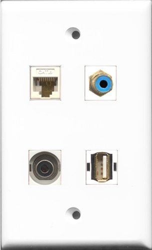 RiteAV 1 Port RCA Blue and 1 Port USB A-A and 1 Port 3.5mm and 1 Port Cat6 Ethernet White Wall Plate
