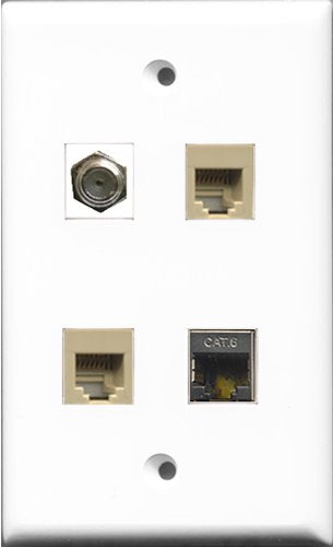 RiteAV 1 Port Coax Cable TV- F-Type 2 Port Phone RJ11 RJ12 Beige and 1 Port Shielded Cat6 Ethernet Wall Plate
