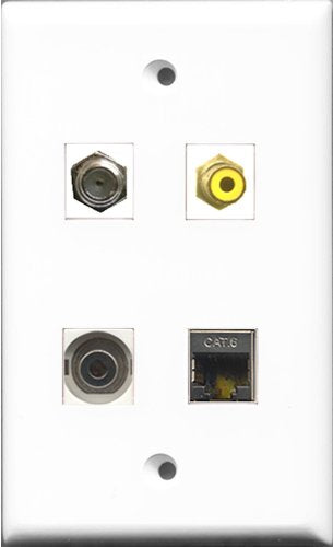 RiteAV 1 Port RCA Yellow and 1 Port Coax Cable TV- F-Type and 1 Port Shielded Cat6 Ethernet and 1 Port 3.5mm Wall Plate