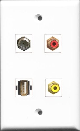 RiteAV 1 Port RCA Red and 1 Port RCA Yellow and 1 Port Coax Cable TV- F-Type and 1 Port USB A-A Wall Plate