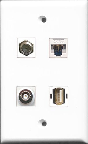RiteAV 1 Port Coax Cable TV- F-Type and 1 Port USB A-A and 1 Port BNC and 1 Port Cat5e Ethernet White Wall Plate
