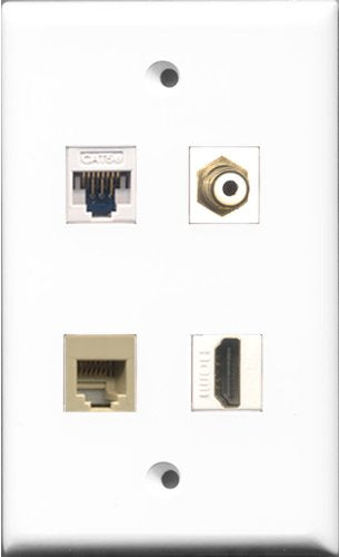 RiteAV 1 Port HDMI and 1 Port RCA White and 1 Port Phone RJ11 RJ12 Beige and 1 Port Cat5e Ethernet White Wall Plate