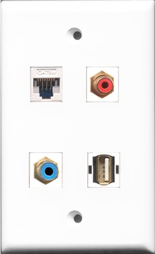 RiteAV 1 Port RCA Red and 1 Port RCA Blue and 1 Port USB A-A and 1 Port Cat5e Ethernet White Wall Plate