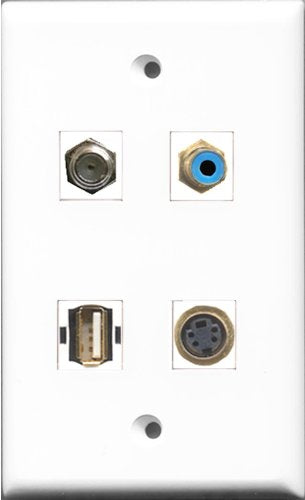 RiteAV 1 Port RCA Blue and 1 Port Coax Cable TV- F-Type and 1 Port USB A-A and 1 Port S-Video Wall Plate