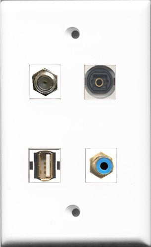 RiteAV 1 Port RCA Blue and 1 Port Coax Cable TV- F-Type and 1 Port Shielded Cat6 Ethernet and 1 Port Toslink Wall Plate