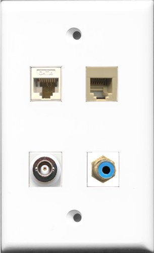 RiteAV 1 Port RCA Blue and 1 Port Phone RJ11 RJ12 Beige and 1 Port BNC and 1 Port Cat6 Ethernet White Wall Plate