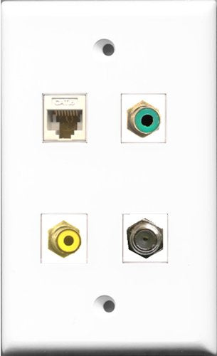 RiteAV 1 Port RCA Yellow and 1 Port RCA Green and 1 Port Coax Cable TV- F-Type and 1 Port Cat6 Ethernet White Wall Plate