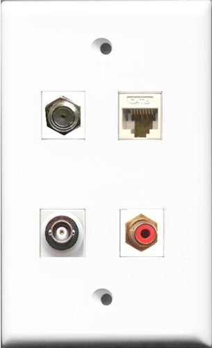 RiteAV 1 Port RCA Red and 1 Port Coax Cable TV- F-Type and 1 Port BNC and 1 Port Cat6 Ethernet White Wall Plate