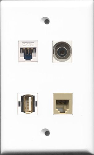 RiteAV - 1 Port USB A-A and 1 Port Phone RJ11 RJ12 Beige and 1 Port 3.5mm and 1 Port Cat5e Ethernet White Wall Plate
