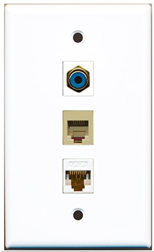 RiteAV - 1 Port RCA Blue and 1 Port Phone RJ11 RJ12 Beige and 1 Port Cat6 Ethernet White Wall Plate