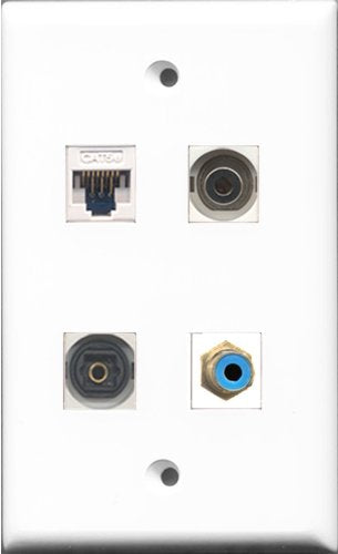 RiteAV - 1 Port RCA Blue and 1 Port Toslink and 1 Port 3.5mm and 1 Port Cat5e Ethernet White Wall Plate
