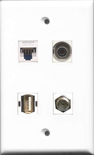 RiteAV - 1 Port Coax Cable TV- F-Type and 1 Port USB A-A and 1 Port 3.5mm and 1 Port Cat5e Ethernet White Wall Plate