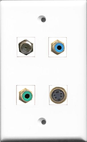 RiteAV 1 Port RCA Green and 1 Port RCA Blue and 1 Port Coax Cable TV- F-Type and 1 Port S-Video Wall Plate
