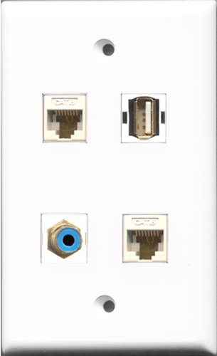 RiteAV 1 Port RCA Blue and 1 Port USB A-A 2 Port Cat6 Ethernet White Wall Plate