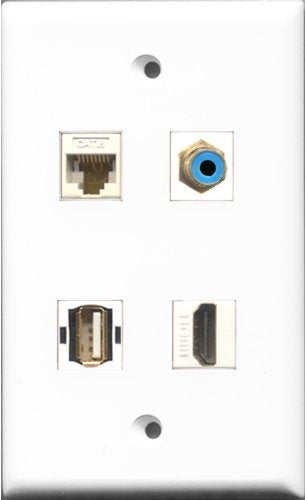 RiteAV 1 Port HDMI and 1 Port RCA Blue and 1 Port USB A-A and 1 Port Cat6 Ethernet White Wall Plate