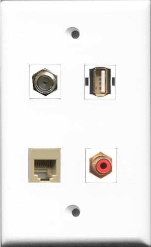 RiteAV 1 Port RCA Red and 1 Port Coax Cable TV- F-Type and 1 Port USB A-A and 1 Port Phone RJ11 RJ12 Beige Wall Plate
