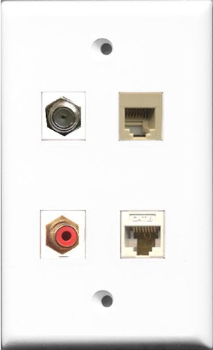 RiteAV 1 Port RCA Red and 1 Port Coax Cable TV- F-Type and 1 Port Phone RJ11 RJ12 Beige and 1 Port Cat6 Ethernet White Wall Plate