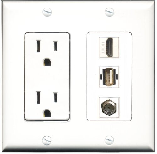 RiteAV - 15 Amp Power Outlet 1 Port HDMI 1 Port Coax 1 Port USB A-A Decorative Wall Plate