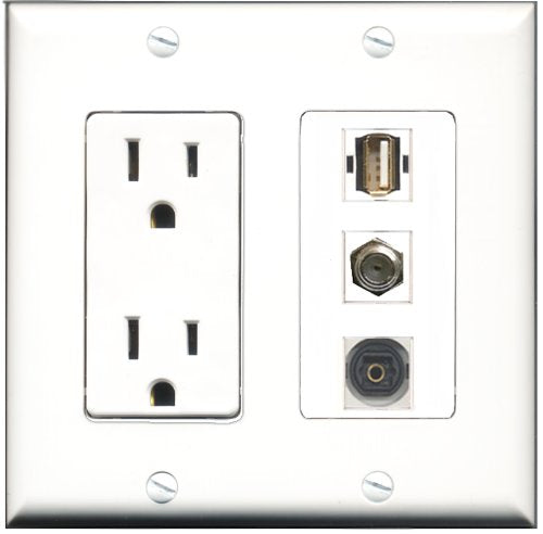 RiteAV - 15 Amp Power Outlet 1 Port Coax 1 Port USB A-A 1 Port Toslink Decorative Wall Plate