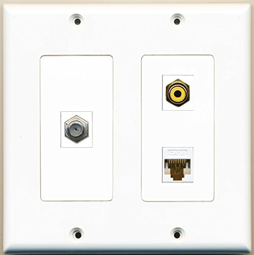 RiteAV - 1 Port RCA Yellow 1 Port Coax Cable TV- F-Type 1 Port Cat6 Ethernet White - 2 Gang Wall Plate