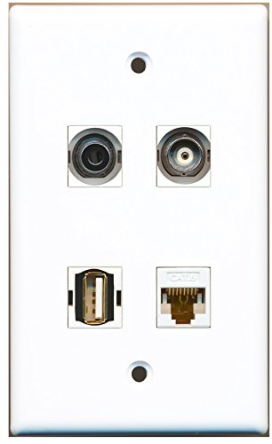 RiteAV - 1 Port USB A-A 1 Port 3.5mm 1 Port BNC 1 Port Cat6 Ethernet White Wall Plate