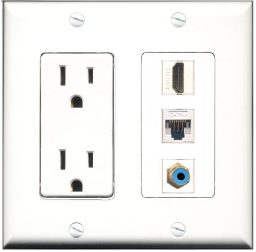 RiteAV - 15 Amp Power Outlet 1 Port HDMI 1 Port RCA Blue 1 Port Cat5e Ethernet White Decorative Wall Plate