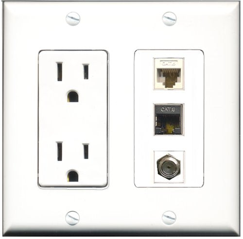 RiteAV - 15 Amp Power Outlet 1 Port Coax 1 Port Shielded Cat6 Ethernet Ethernet 1 Port Cat6 Ethernet Ethernet White Decorative Wall Plate