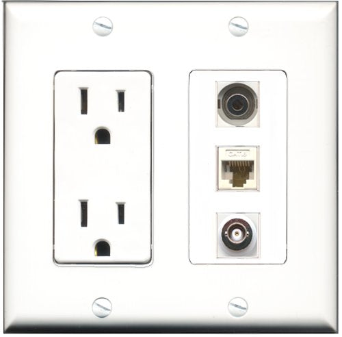 RiteAV - 15 Amp Power Outlet 1 Port 3.5mm 1 Port BNC 1 Port Cat6 Ethernet Ethernet White Decorative Wall Plate