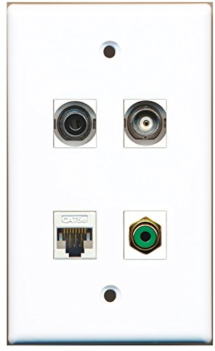 RiteAV - 1 Port RCA Green 1 Port 3.5mm 1 Port BNC 1 Port Cat5e Ethernet White Wall Plate
