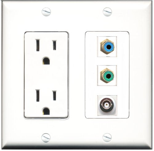 RiteAV - 15 Amp Power Outlet 1 Port RCA Green 1 Port RCA Blue 1 Port BNC Decorative Wall Plate