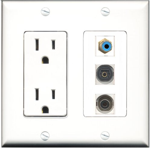 RiteAV - 15 Amp Power Outlet 1 Port RCA Blue 1 Port Toslink 1 Port 3.5mm Decorative Wall Plate