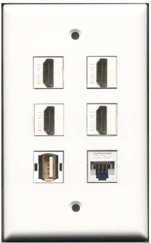 RiteAV - 4 Port HDMI 1 USB A-A 1 Cat5e Ethernet White Wall Plate