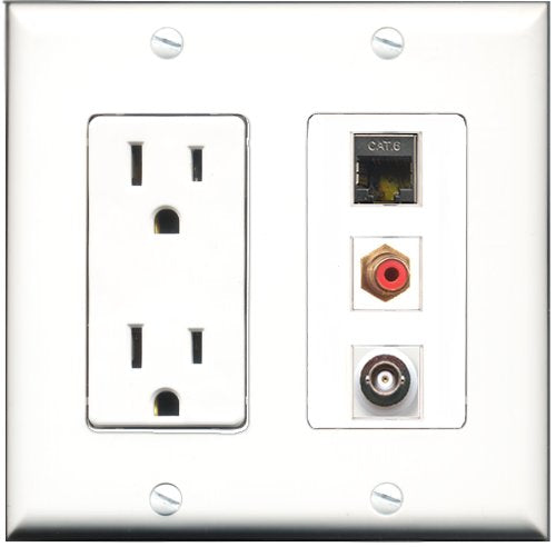 RiteAV - 15 Amp Power Outlet 1 Port RCA Red 1 Port Shielded Cat6 Ethernet Ethernet 1 Port BNC Decorative Wall Plate