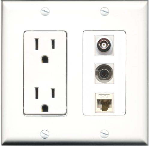 RiteAV - 15 Amp Power Outlet 1 Port 3.5mm 1 Port BNC 1 Port Cat6 Ethernet Ethernet White Decorative Wall Plate