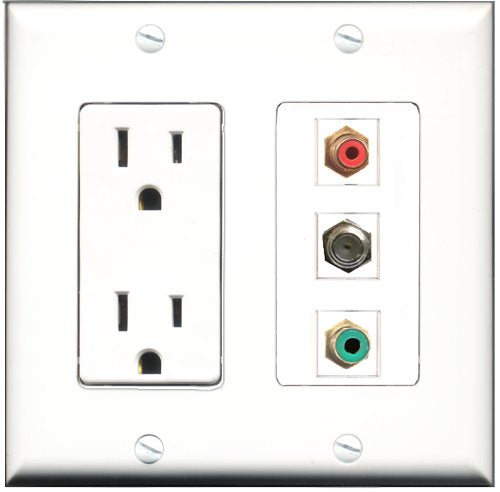 RiteAV - 15 Amp Power Outlet 1 Port RCA Red 1 Port RCA Green 1 Port Coax Decorative Wall Plate