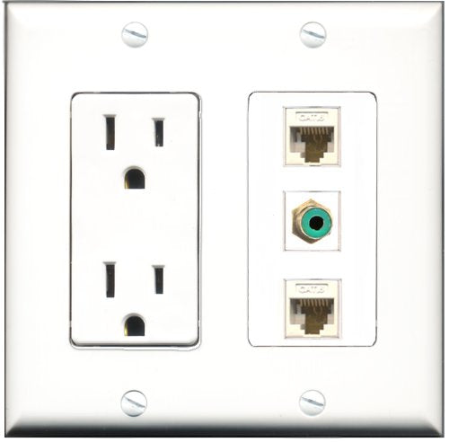 RiteAV - 15 Amp Power Outlet 1 Port RCA Green 2 Port Cat6 Ethernet Ethernet White Decorative Wall Plate