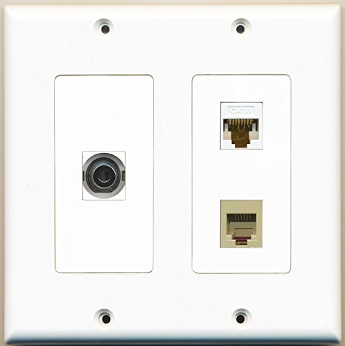 RiteAV - 1 Port Phone RJ11 RJ12 Beige 1 Port 3.5mm 1 Port Cat6 Ethernet White - 2 Gang Wall Plate