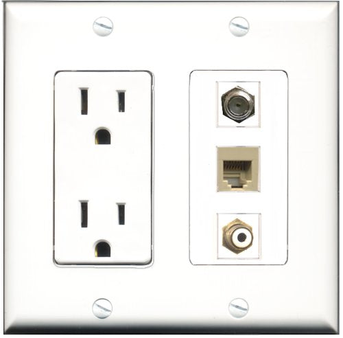 RiteAV - 15 Amp Power Outlet 1 Port RCA White 1 Port Coax 1 Port Phone Beige Decorative Wall Plate