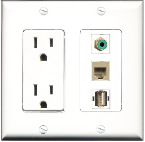 RiteAV - 15 Amp Power Outlet 1 Port RCA Green 1 Port USB A-A 1 Port Phone Beige Decorative Wall Plate