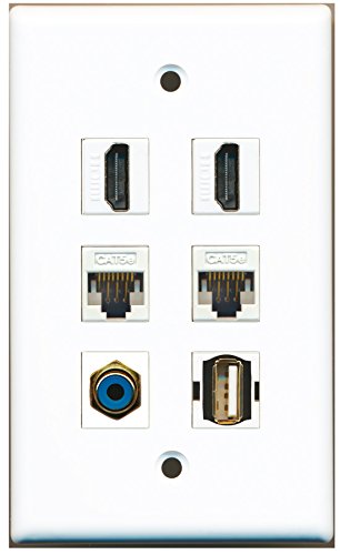 RiteAV - 2 HDMI 1 Port RCA Blue 1 Port USB A-A 2 Port Cat5e Ethernet White Wall Plate
