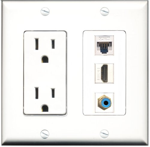 RiteAV - 15 Amp Power Outlet 1 Port HDMI 1 Port RCA Blue 1 Port Cat5e Ethernet White Decorative Wall Plate