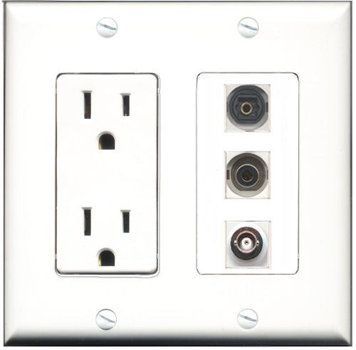 RiteAV - 15 Amp Power Outlet 1 Port Toslink 1 Port 3.5mm 1 Port BNC Decorative Wall Plate