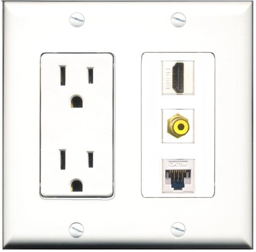 RiteAV - 15 Amp Power Outlet 1 Port HDMI 1 Port RCA Yellow 1 Port Cat5e Ethernet White Decorative Wall Plate