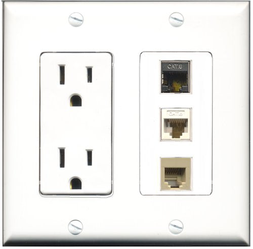 RiteAV - 15 Amp Power Outlet 1 Port Phone Beige 1 Port Shielded Cat6 Ethernet Ethernet 1 Port Cat6 Ethernet Ethernet White Decorative Wall Plate