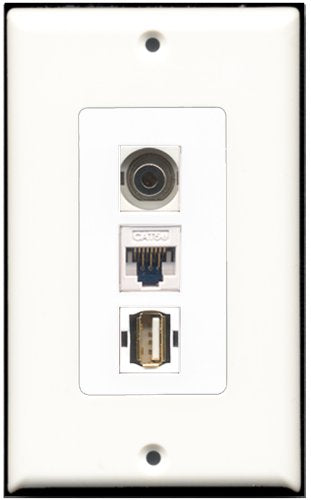 RiteAV - 1 Port USB A-A 1 3.5mm 1 Cat5e Ethernet White Wall Plate Decorative