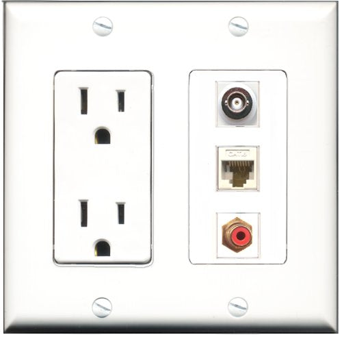 RiteAV - 15 Amp Power Outlet 1 Port RCA Red 1 Port BNC 1 Port Cat6 Ethernet Ethernet White Decorative Wall Plate