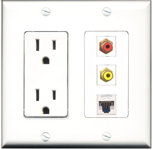 RiteAV - 15 Amp Power Outlet 1 Port RCA Red 1 Port RCA Yellow 1 Port Cat5e Ethernet White Decorative Wall Plate