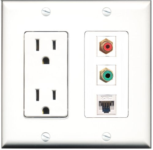 RiteAV - 15 Amp Power Outlet 1 Port RCA Red 1 Port RCA Green 1 Port Cat5e Ethernet White Decorative Wall Plate