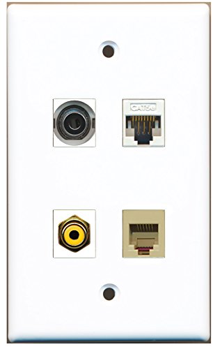 RiteAV - 1 Port RCA Yellow 1 Port Phone RJ11 RJ12 Beige 1 Port 3.5mm 1 Port Cat5e Ethernet White Wall Plate